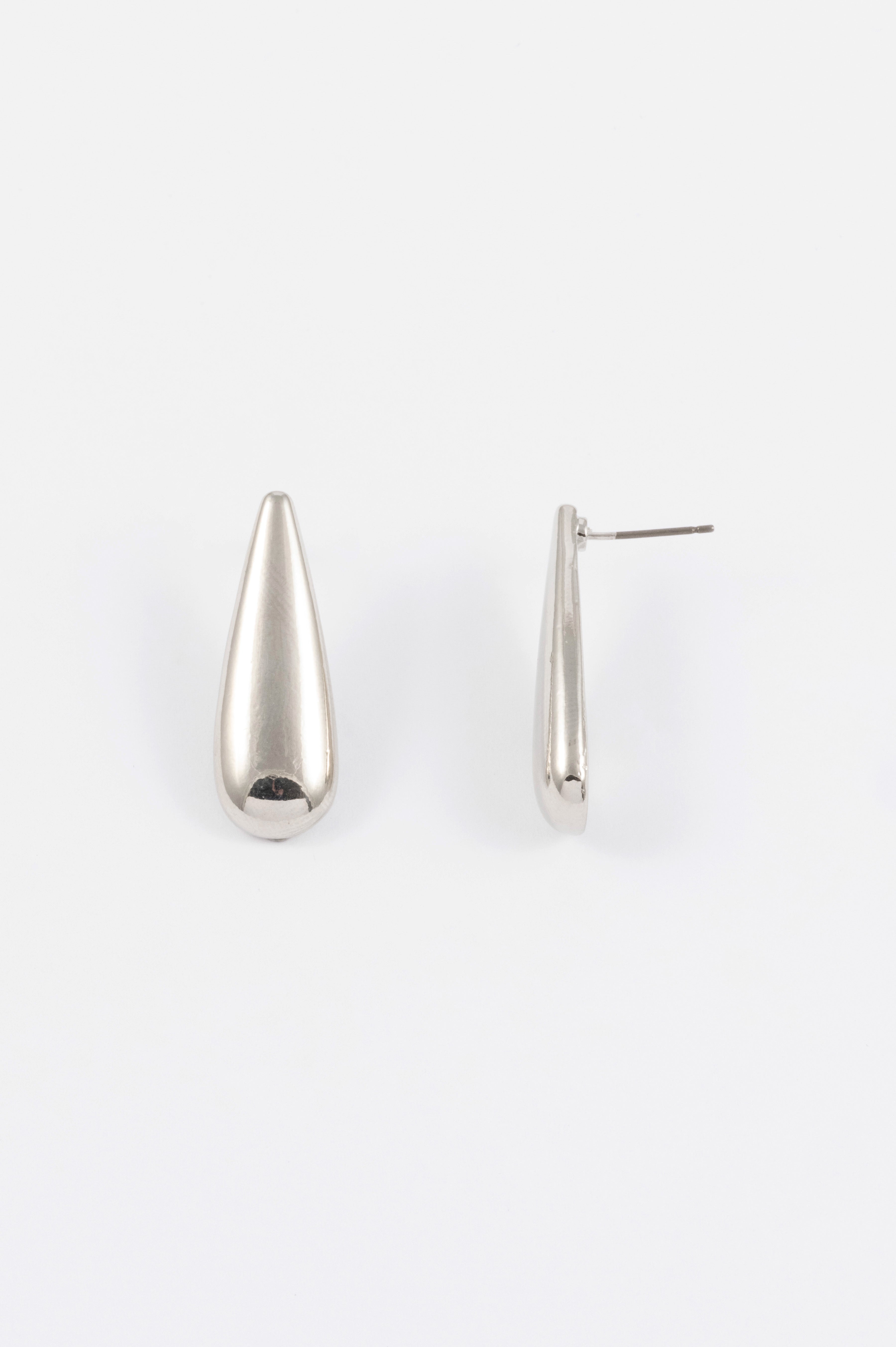 SILVER POLISHED LONG DROPLET STUD EARRING