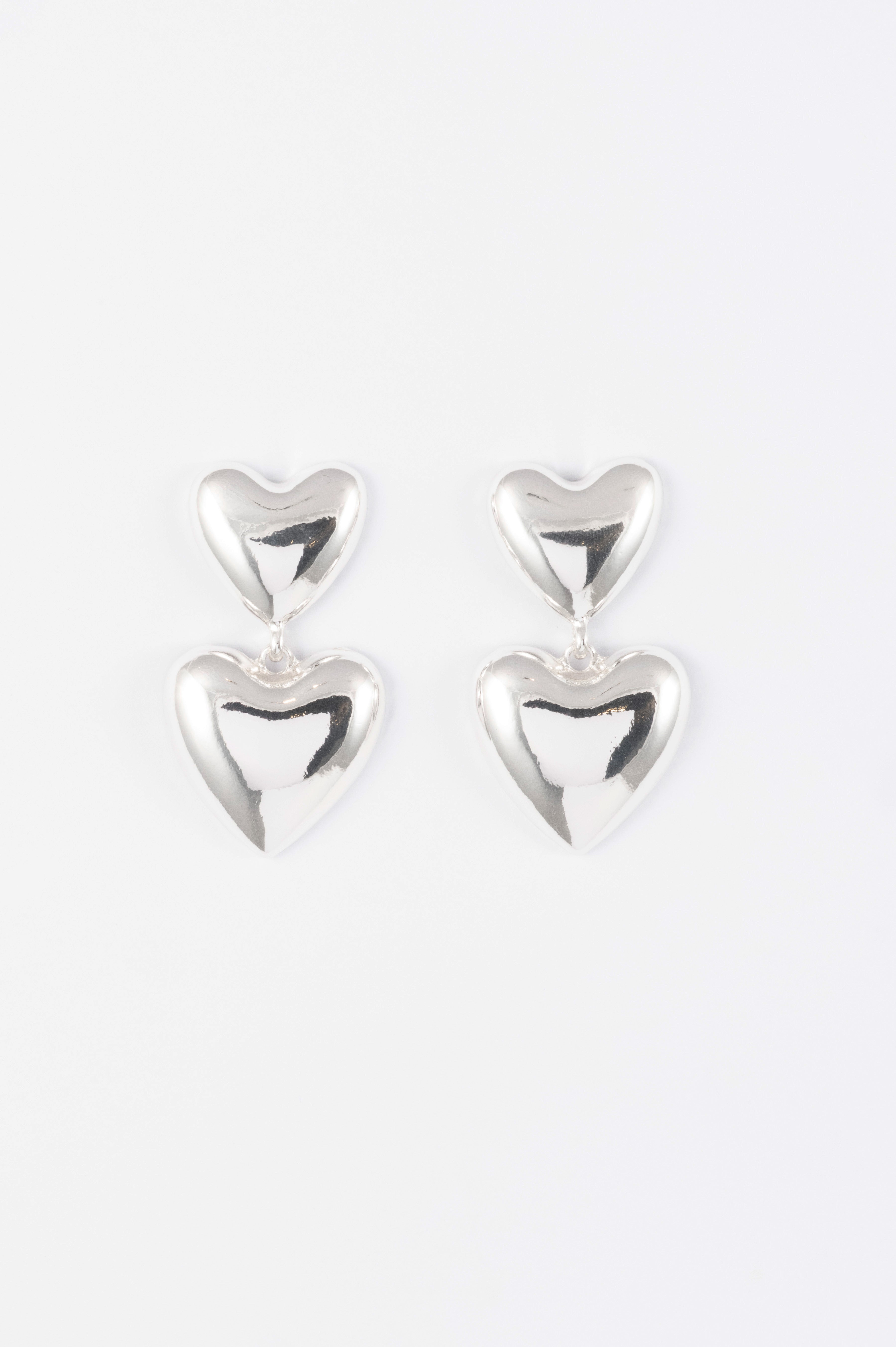 SILVER POLISHED DOUBLE HEART DROP EARRING