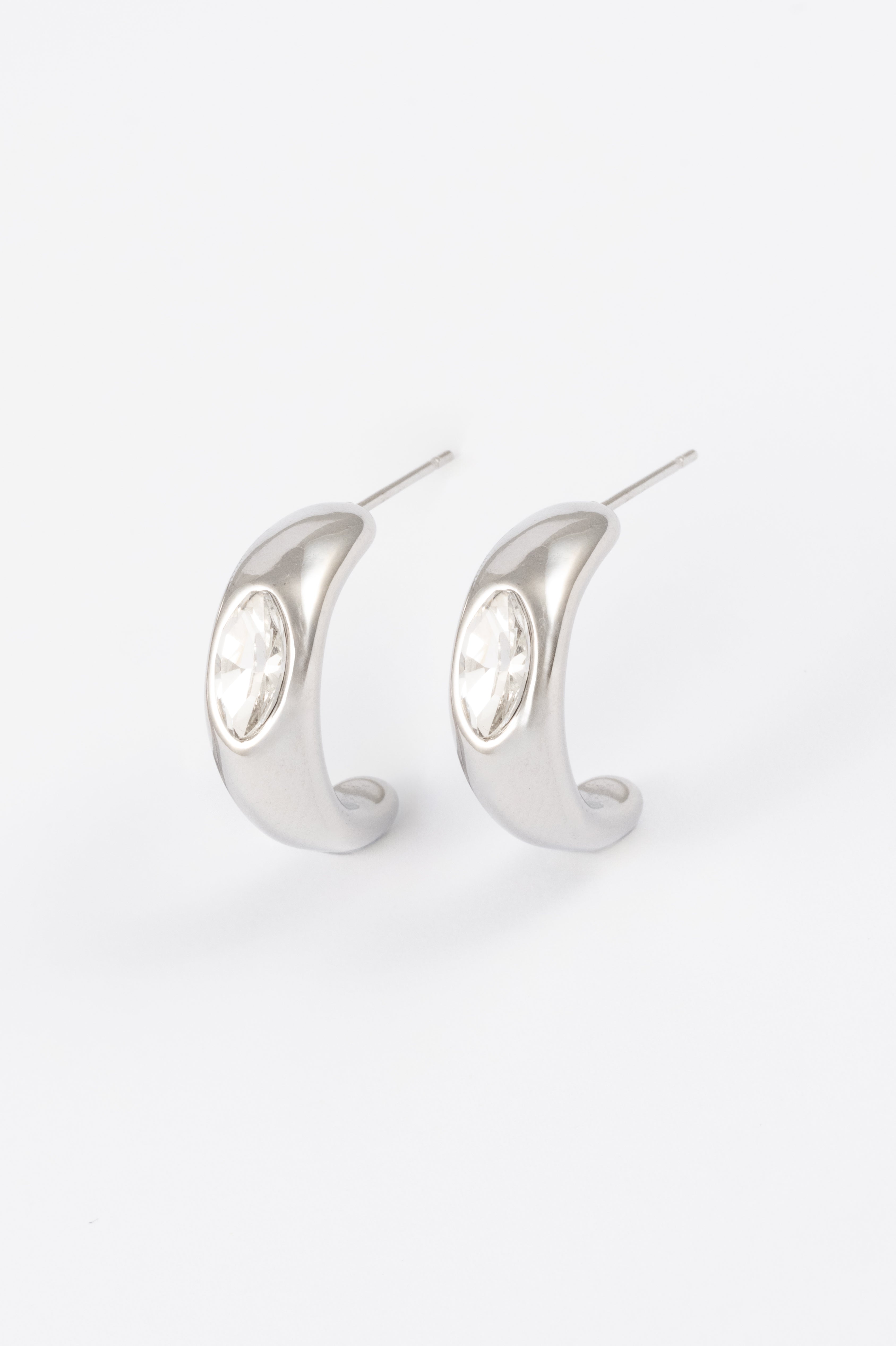 WATERPROOF SILVER WITH CRYSTAL CZ HOOP EARRINGS