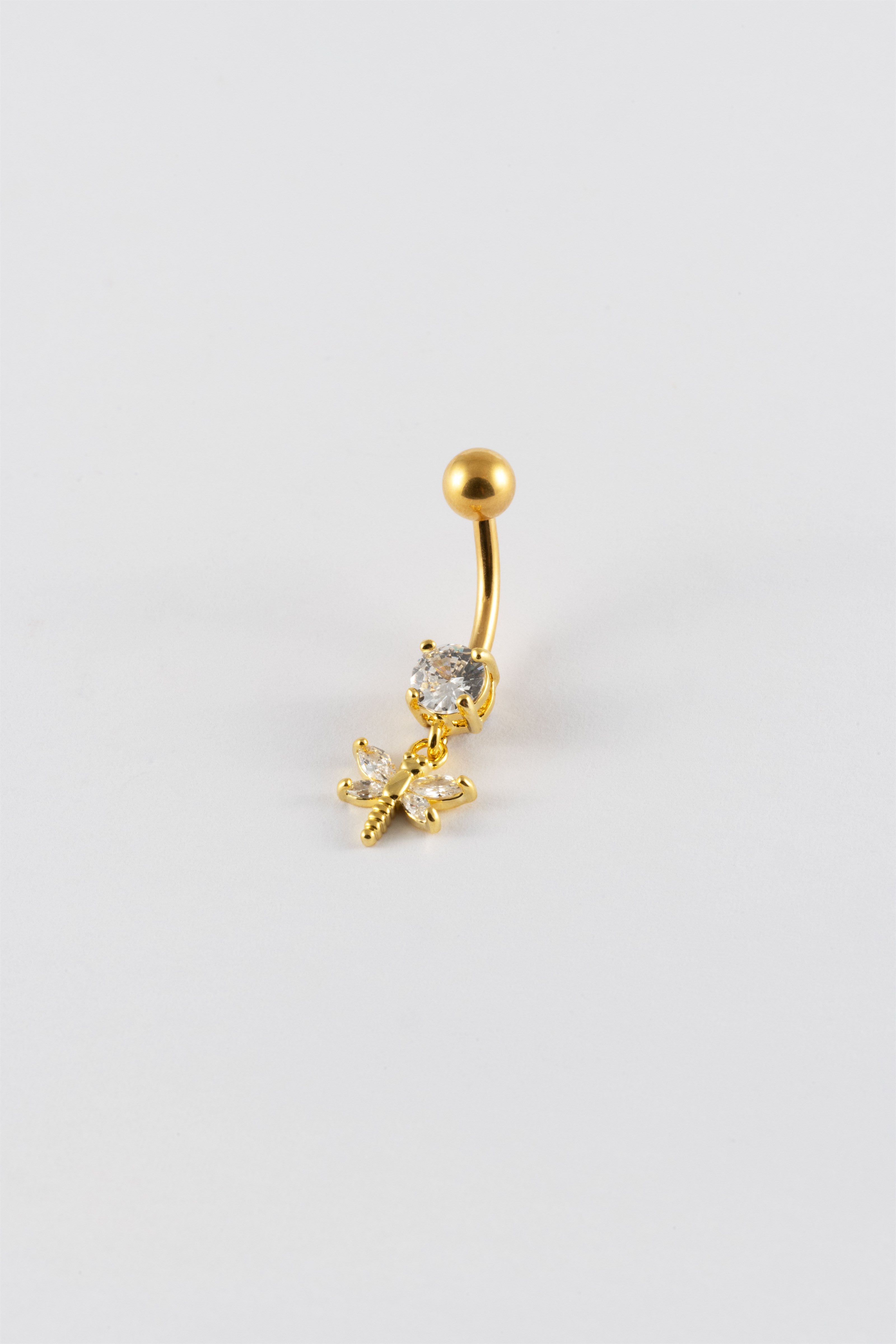 GOLD 14G CZ DRAGON FLY BELLY BAR