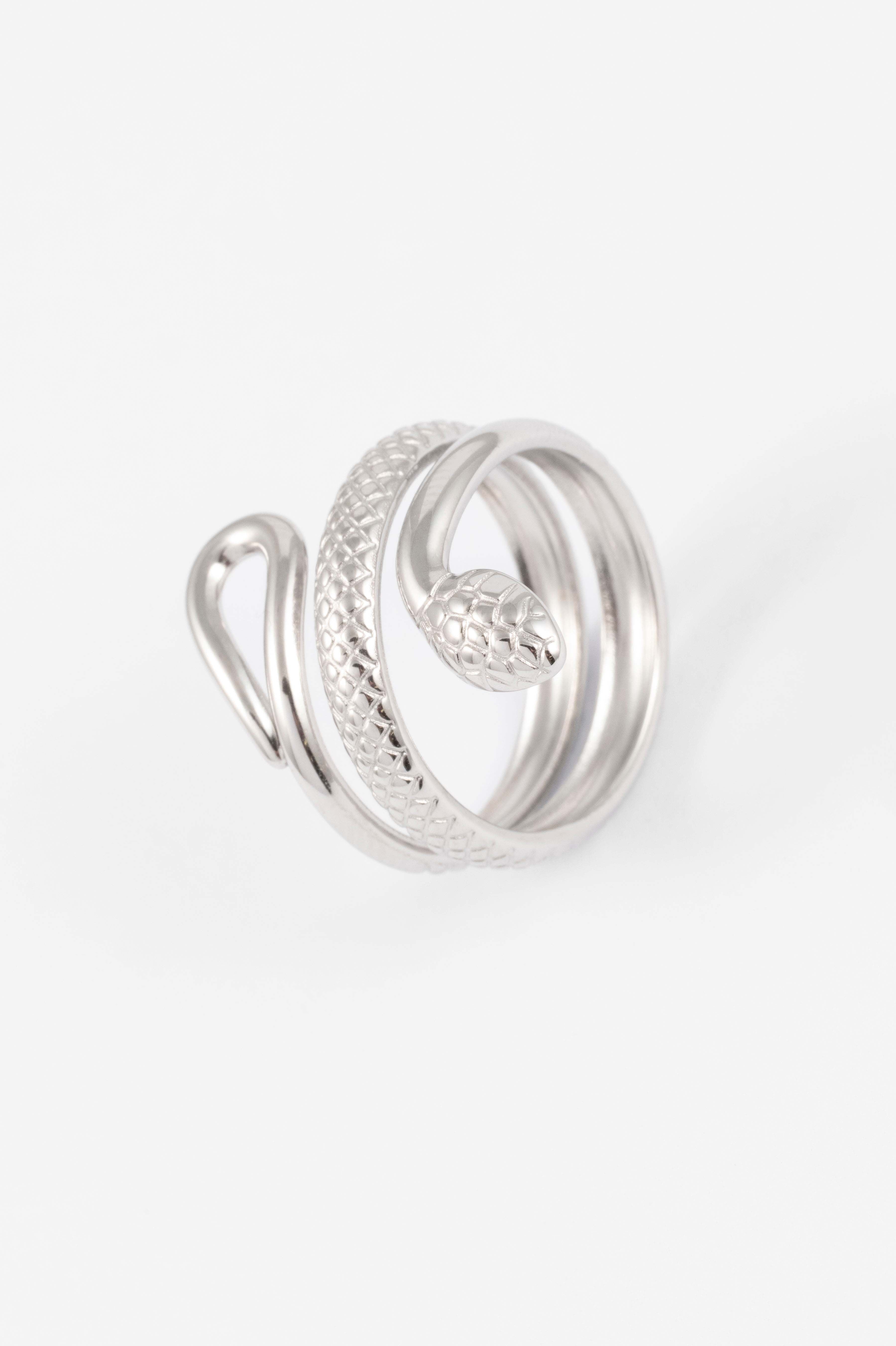 WATERPROOF SILVER ETCHED SNAKE RING - M/L