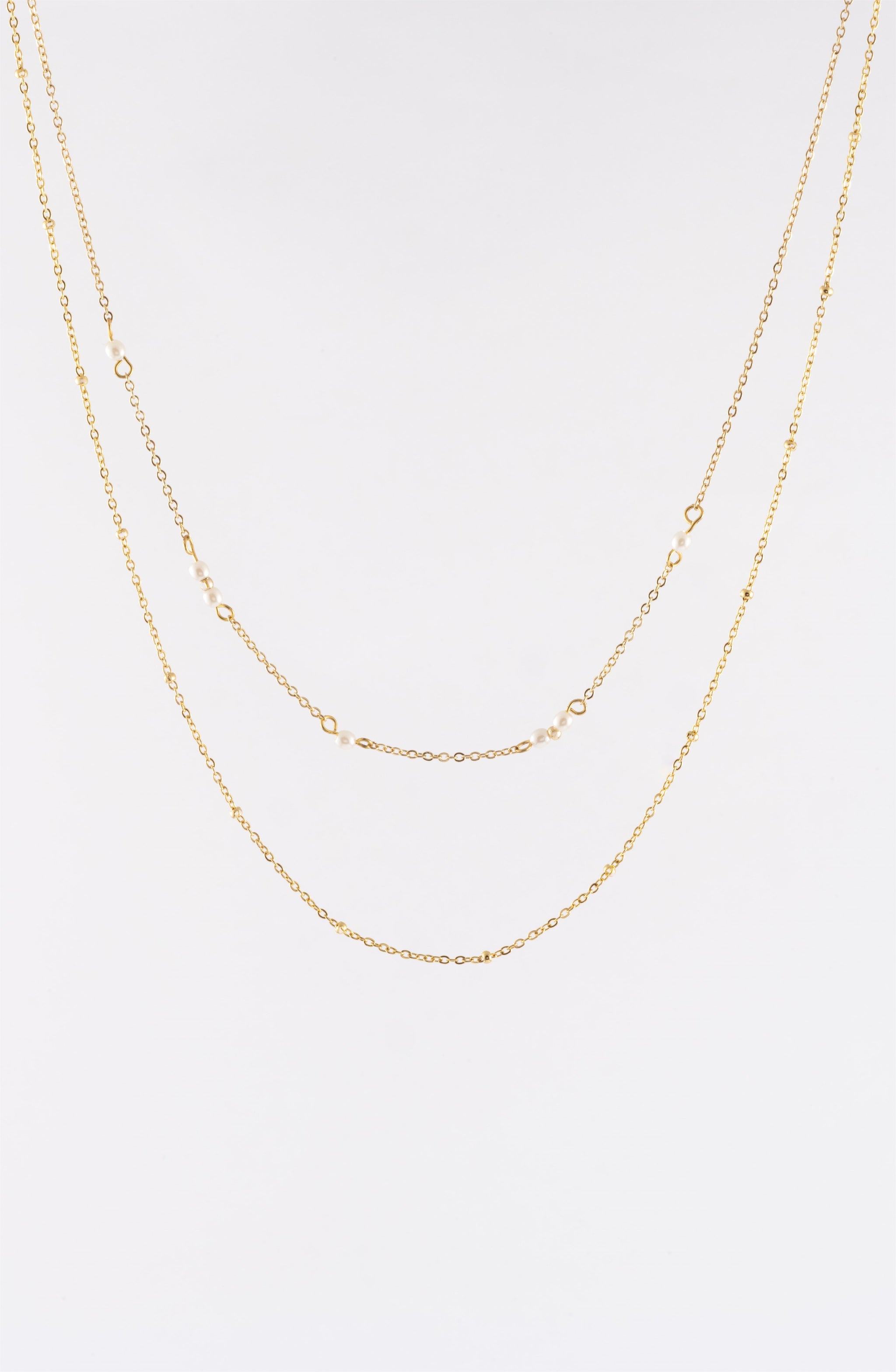 GOLD 2ROW PEARL STATION CHAIN NECKLACE