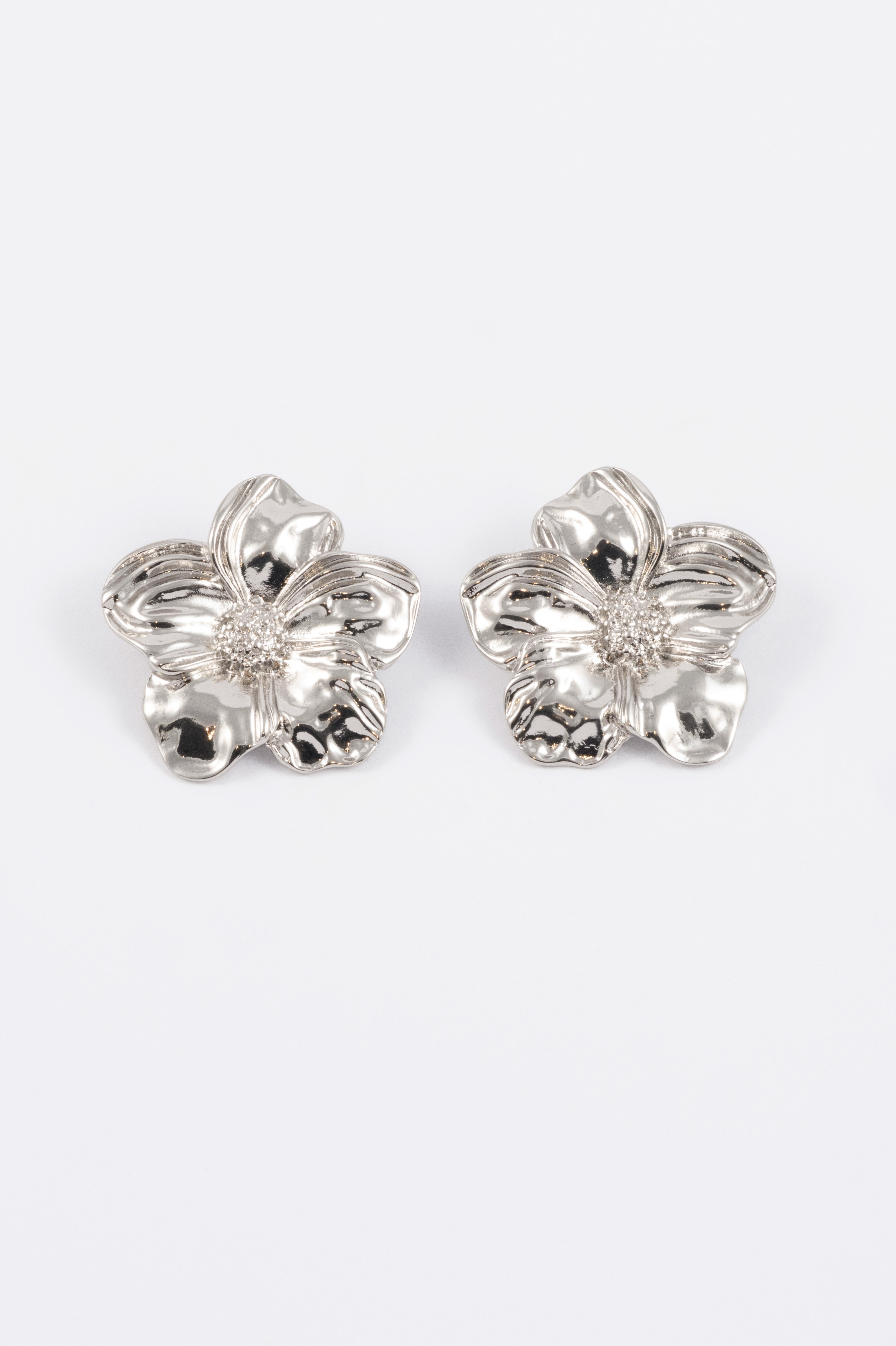 SILVER POLISHED LARGE FLOWER STUD EARRING