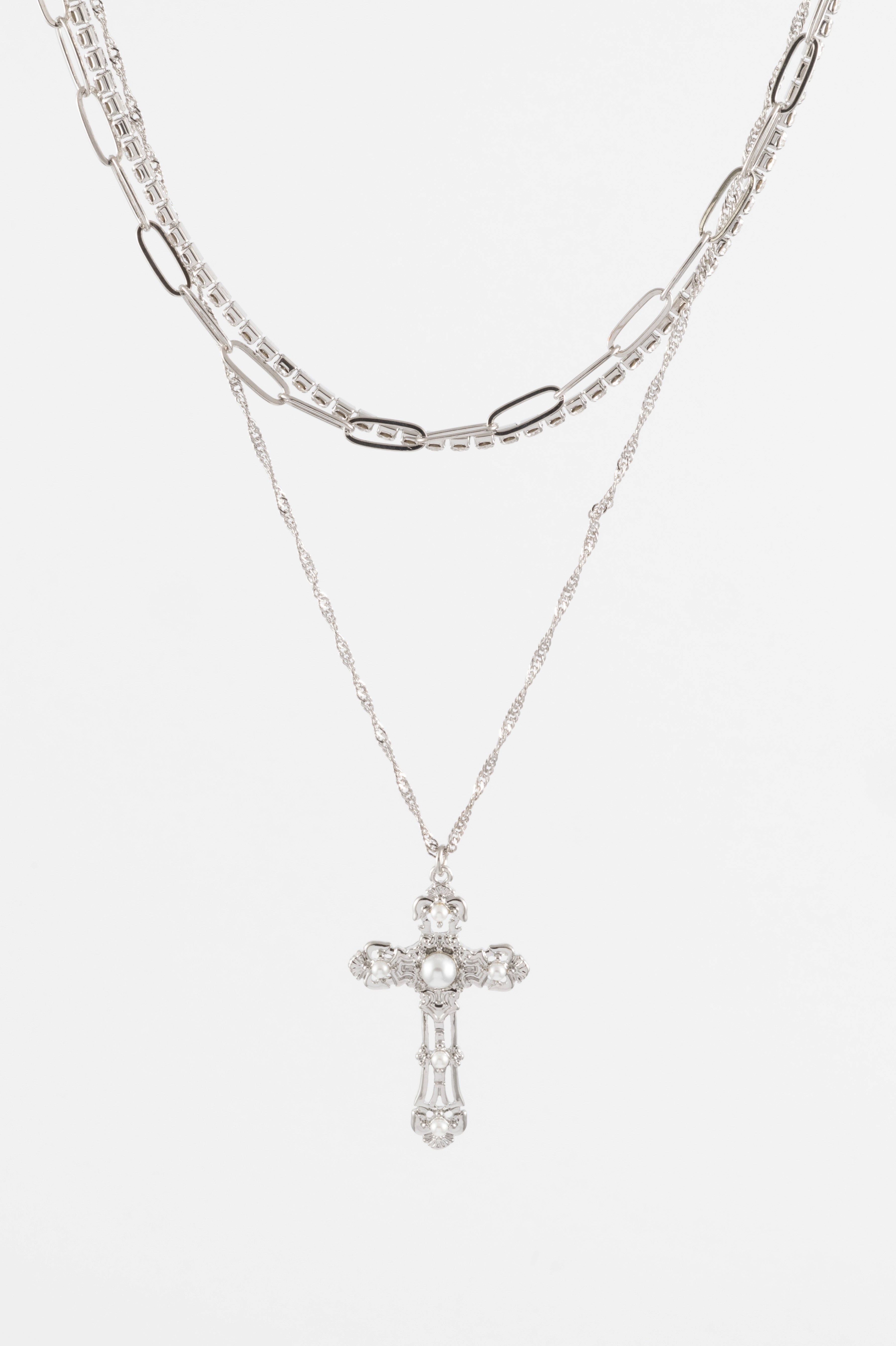 SILVER  CRYSTAL PEARL CROSS MULTISTRAND NECKLACE
