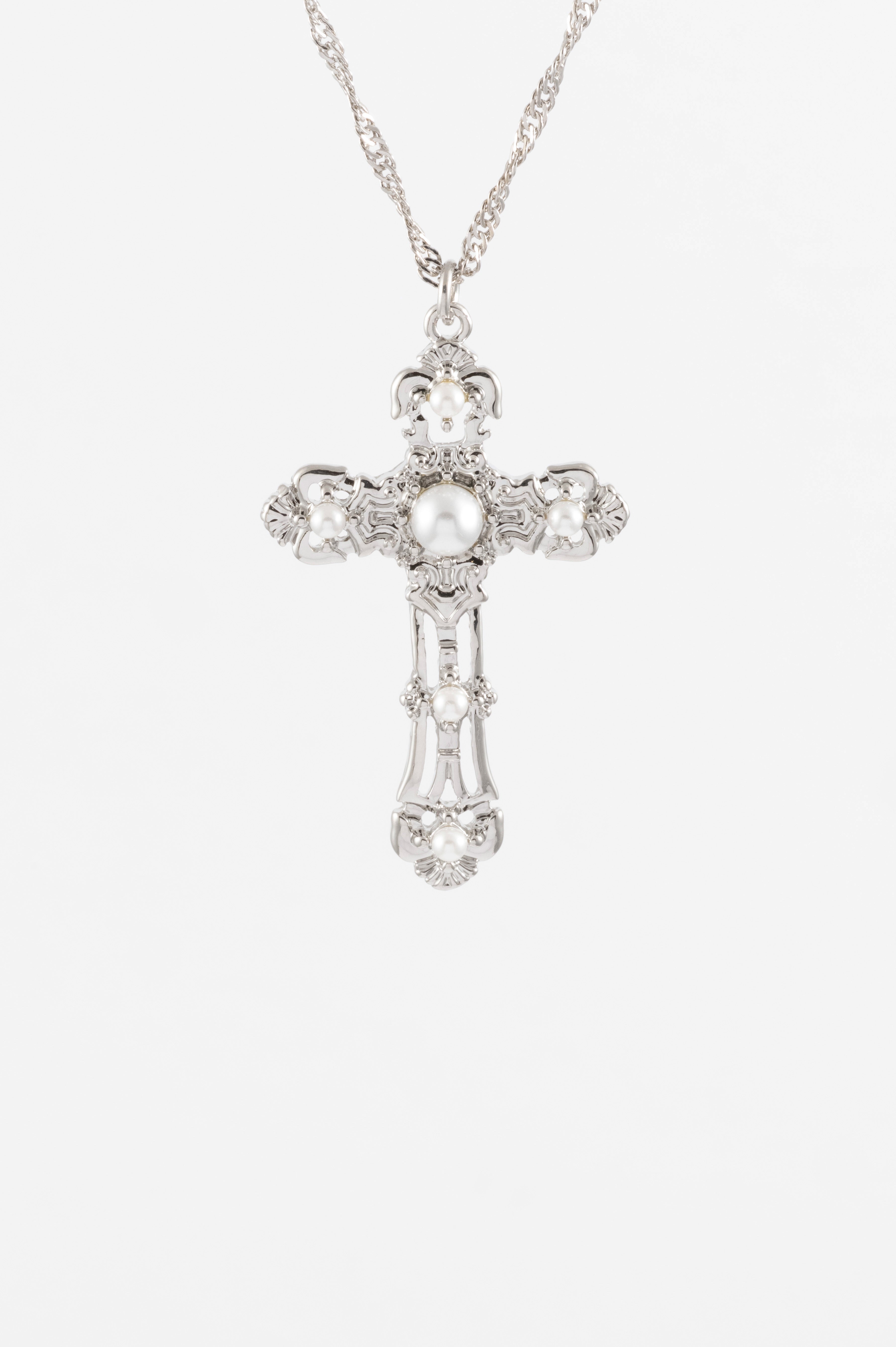 SILVER  CRYSTAL PEARL CROSS MULTISTRAND NECKLACE