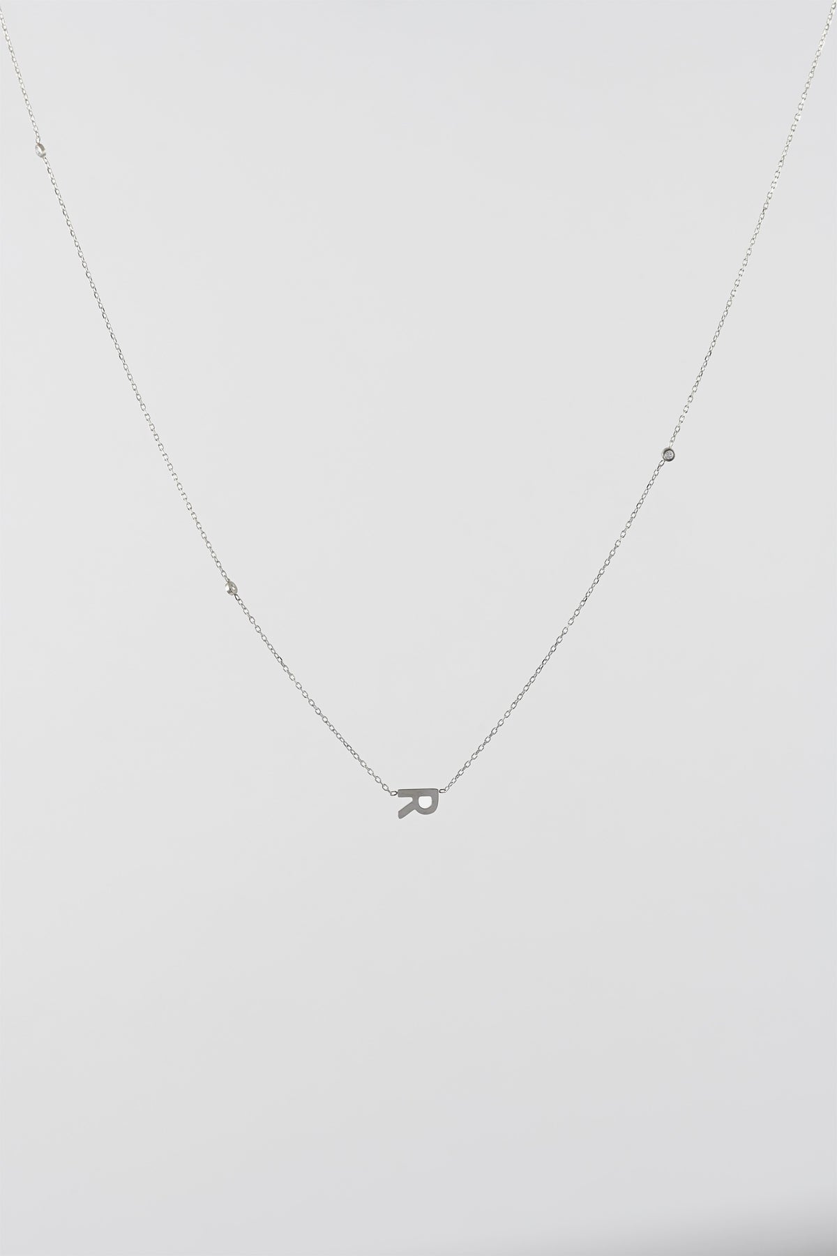WATERPROOF SILVER CZ & SIDE INTIAL SIDE 'R' CHAIN