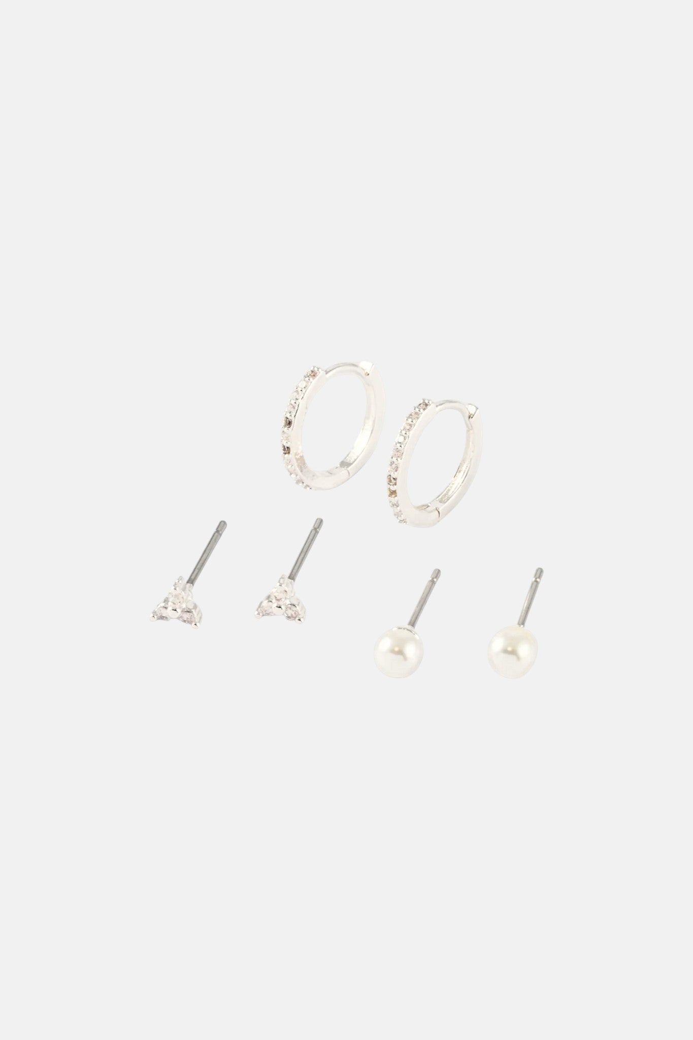 SILVER GLASS PEARL AND PAVE HUGGIE 3 PACK EARRING