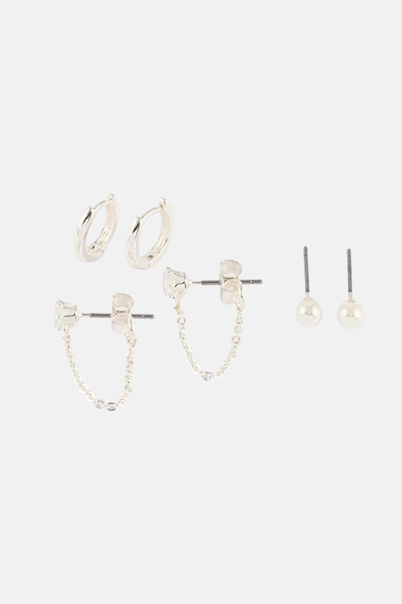 SILVER GLASS PEARL LOOP CHAIN 3 PACK EARRING
