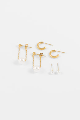 GOLD THREE PACK PEARL EARRINGS