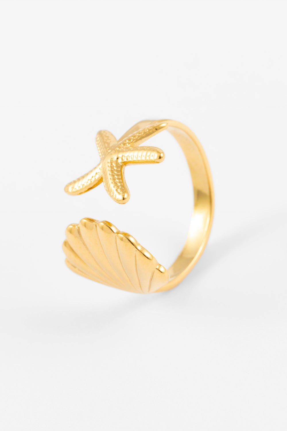 GOLD SHELL AND STARFISH WRAP ADJUSTABLE RING