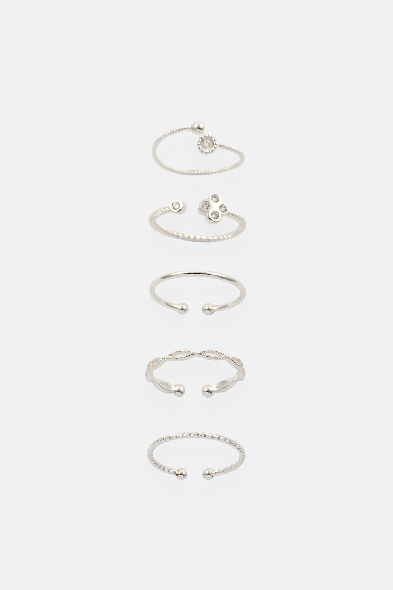 SILVER CZ FOUR PETAL WRAP 5 PACK ADJUSTABLE RING