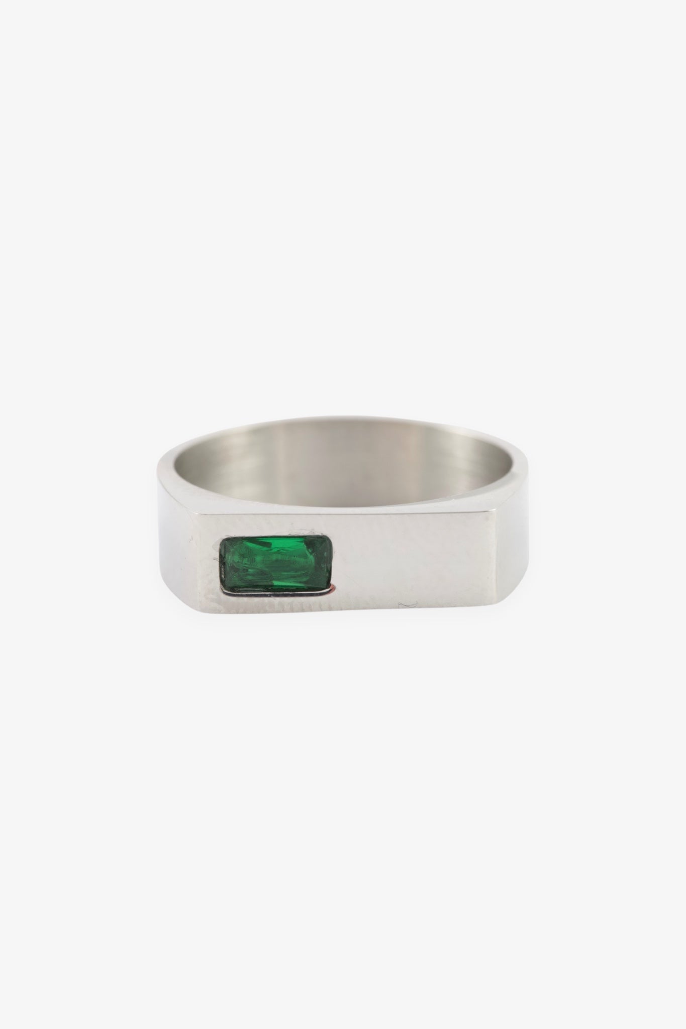 SILVER RECTANGLE EMERALD STONE RING PINKY S/M
