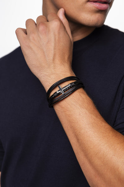 BLACK MULTI LAYERED CROSS LEATHER BRACELET