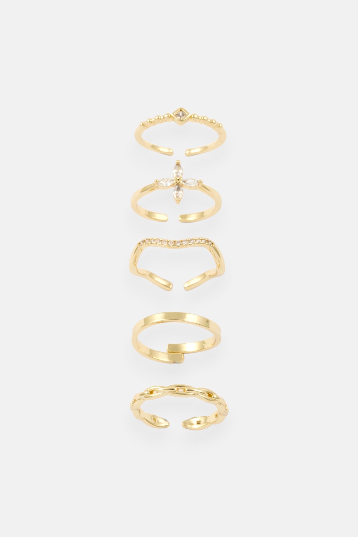 GOLD FLOWER CZ PAVE WAVE LINK 5 RING ADJ PACK