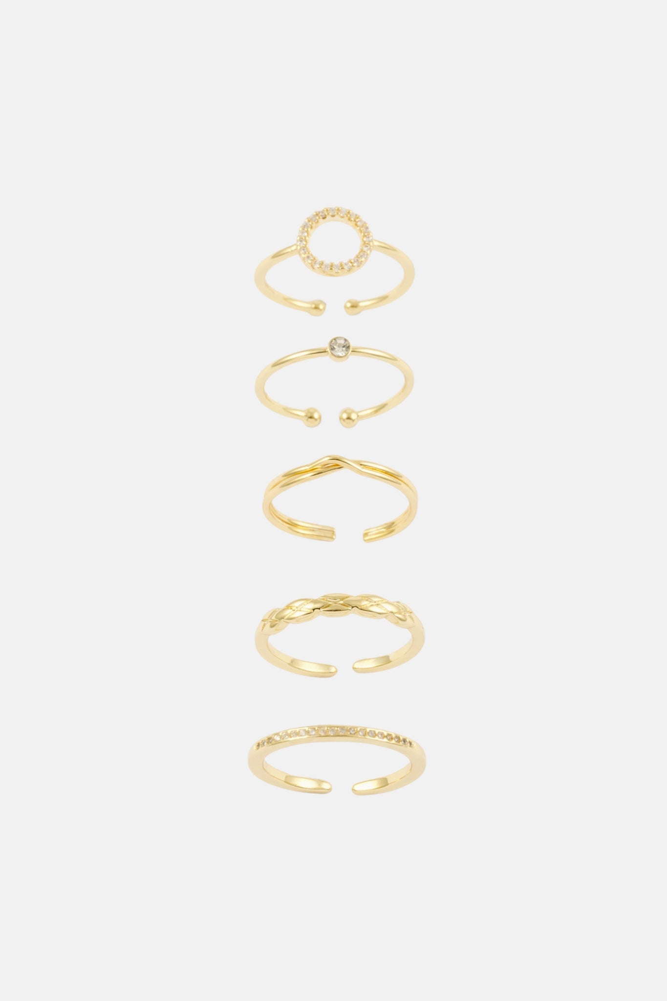 GOLD CZ CIRCLE PAVE CROSSOVER 5 RING ADJ PACK