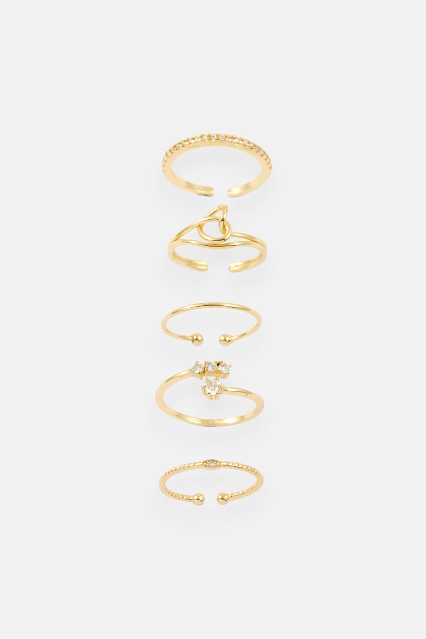 GOLD CZ CLUSTER PAVE SWIRL KNOT 5 RING ADJ PACK